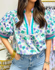 Floral Stripe V-Neck Puff Sleeve Blouse