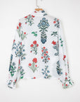 Floral Frilled V-Neck Long Sleeve Buttoned Shirt