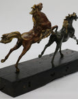 Extra Large Two Racing Horses Stallion on Natural Wood Bronze Sculpture Statue