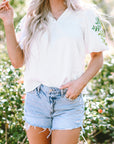 Priscilla Embroidered Puff Sleeve Notched Neck Blouse