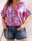 Lisa Plus Brushstroke Ruffle Sleeve Button V Neck Blouse