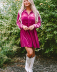 Velvet Button-Up Long Sleeve Ruffle Dress