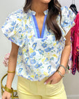 Floral Frilled Notched V-Neck Blouse