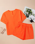 Textured V Neck T Shirt and Shorts Set
