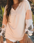Tropical Polka Dot Patchwork Puff Sleeve V-Neck Blouse