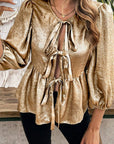 Metallic Bow Tie Front Peplum Blouse