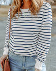 Hannah Striped Print Ribbed Trim Long Sleeve Top