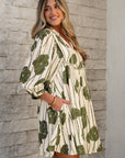 Angie Floral Striped Piping Puff Sleeve Dress