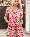 Ruby Floral Puff Sleeve Tiered Ric Rac Pocketed Mini Dress