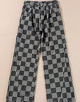 Checker Denim Wide Leg Jeans