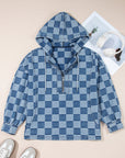 Checker Denim Half-Zip Pocketed Hoodie