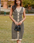 Stripe Button-Front Sleeveless Pencil Sweater Midi Dress