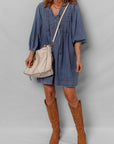 Denim 3/4 Sleeve Tied V-Neck Pleated Mini Dress