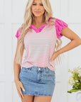 Rosie Stripe Ruffled V Neck Cap Puff Sleeve Top