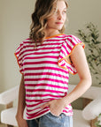 GloriaStriped Ruffle Sleeve Crew Neck Blouse