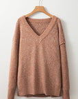Solid Eyelet V-Neck Drop Shoulder Sweater