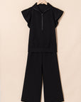 Textured Ruffle Sleeve Zipped Top and Wide Leg Pants Set