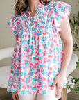 Abstract Shirred Ruffle Sleeve Blouse