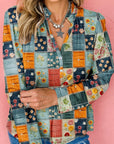 Floral Half Placket Collared V-Neck Blouse