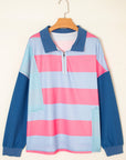 Blue Stripe Colorblock Patchwork Zip up Plus Size Pullover