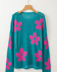 Dulce Big Flower Hollowed Knit Drop Shoulder Sweater