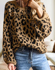 Leopard Ribbed Trim Crewneck Drop Shoulder Sweater