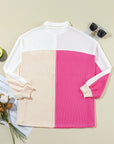 Colorblock Collared Ribbed Patchwork Pocketed Sweatshirt