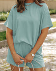 Solid Corded Short Sleeve Tee and Shorts Set