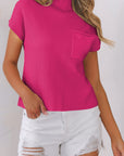 Solid Ribbed Knit Patch Pocket Short Sleeve Sweater