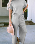 Solid Textured T-Shirt and Drawstring Pants Set