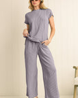Solid Corded Short Sleeve T Shirt And Wide Leg Pants Set