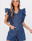 Amora Denim Ruffled Zipped Front Belted Romper