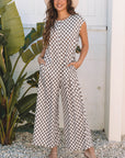 Paisley Checkered Buttoned Crew Neck Wide Leg Jumpsuit