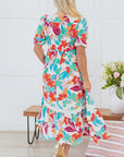 Sky Floral Knot Puff Sleeve Buttoned Front Maxi Dress