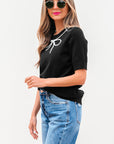 Bria Pearl Bow Short Sleeve Knitted Top