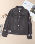 Denim Lapel Distressed Raw Hem Buttoned Jacket