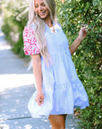 Kori Stripe Contrast Floral Puff Sleeve Tiered Ruffle Dress