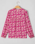 Pink Floral Print Split Neck Pleated Puff Sleeve Blouse