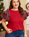 Plus Size Christmas Plaid Pearl Ruffle Sleeve Holiday T-shirt