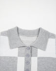 Plus Size Checker Buttoned Polo Collar Sweater