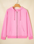 Solid Ribbed Zip-Up Drawstring Hooded Jacket