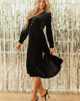 Olivia Velvet Buttoned Puff Sleeve V Neck Split Midi Dress