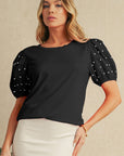Pearl Beaded Puff Sleeve Ribbed Top