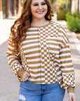Khaki Striped Checkered Mixed Print Chest Pocket Casual Plus Size Top