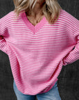 Alana Striped Scallop V Neck Loose Sweater