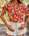 Floral Pleated Wrap V-Neck Blouse