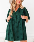Solid Embroidered Eyelet 3/4 Sleeve Mini Dress