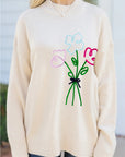 Embroidered Flower Ribbed Loose Sweater