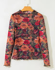 Floral Mesh Lettuce Trim Long Sleeve Top