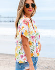 Liberty Floral Boxy Fit Ruffled Short Sleeve V Neck Blouse